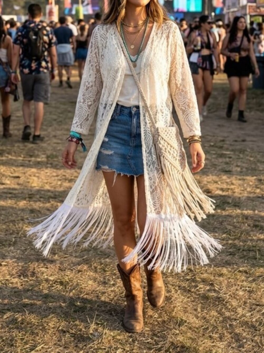 QUESTIONS Woman's Ivory Lace Duster Cardigan Med Open Front Fringe Boho Festival